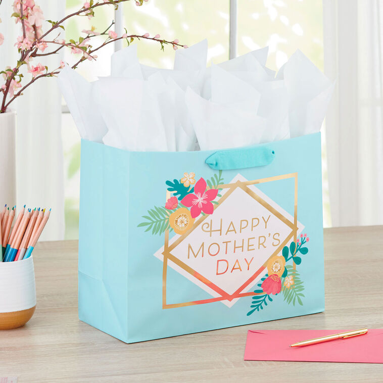 Hallmark 10.4" Floral On Blue Large Horizontal Mother's Day Gift Bag With Tissue