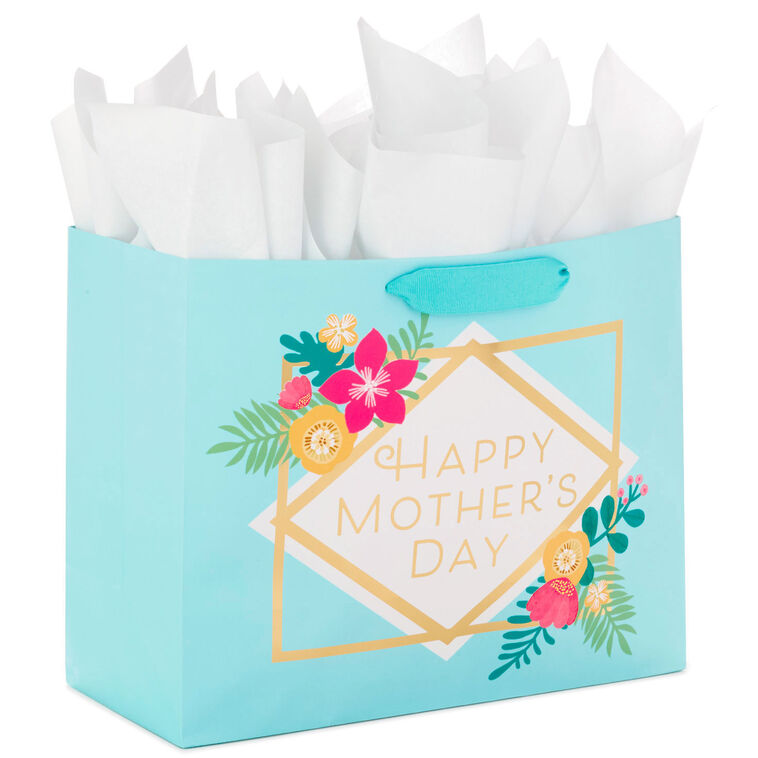 hallmark 10.4" Floral on Blue Large Horizontal Mother's Day Gift Bag With Tissue