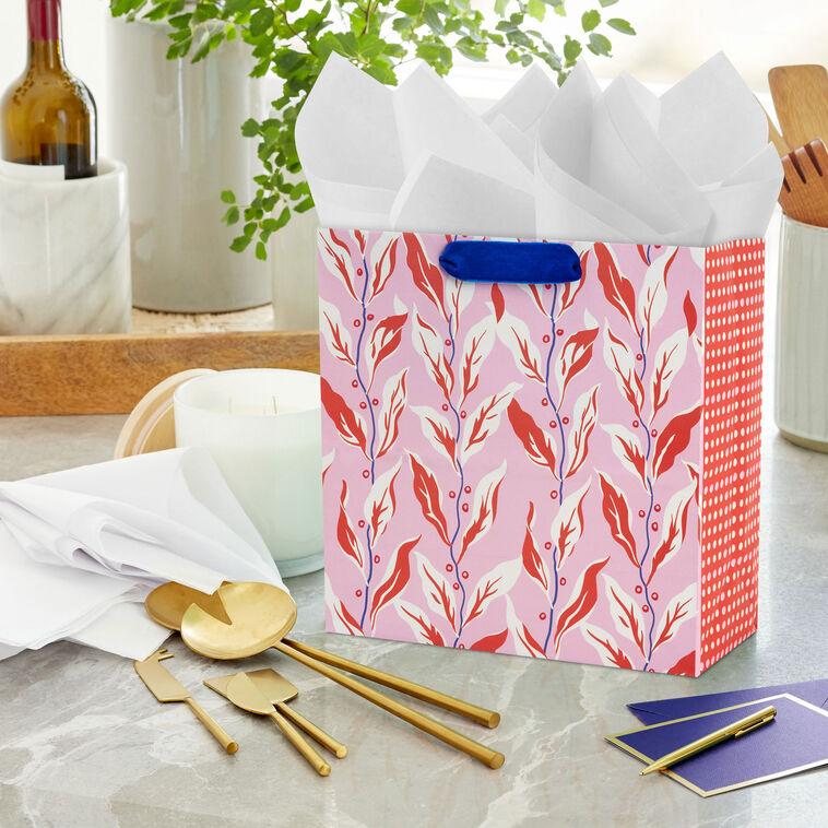 Hallmark 10.4" Vintage Leaves On Pink Large Square Gift Bag
