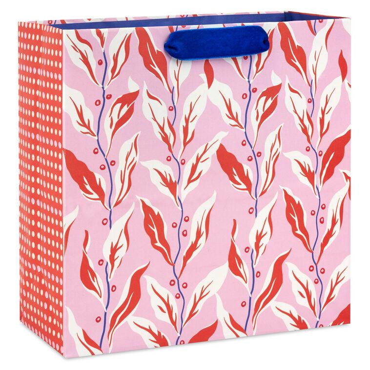 hallmark 10.4" Vintage Leaves on Pink Large Square Gift Bag