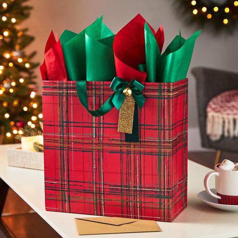 Hallmark 12.5" Red Plaid With Bell Extra-Large Christmas Gift Bag With Tissue Paper