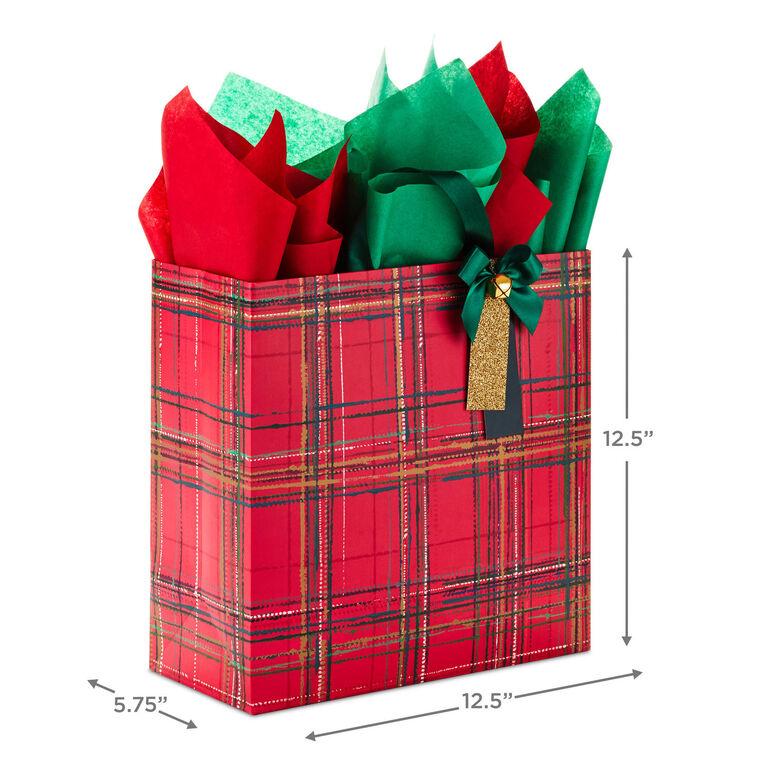Hallmark 12.5" Red Plaid With Bell Extra-Large Christmas Gift Bag With Tissue Paper