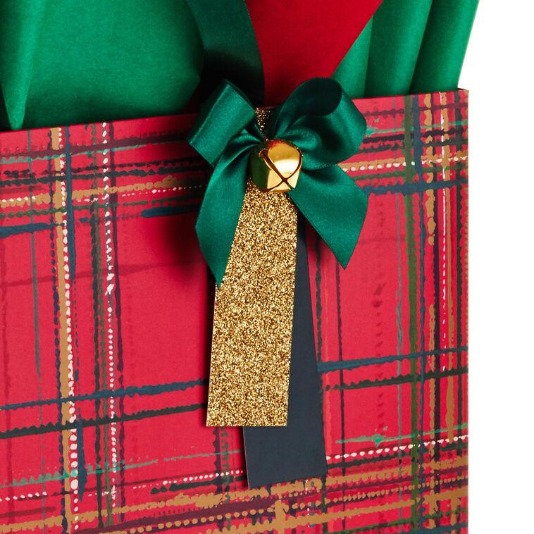 Hallmark 12.5" Red Plaid With Bell Extra-Large Christmas Gift Bag With Tissue Paper