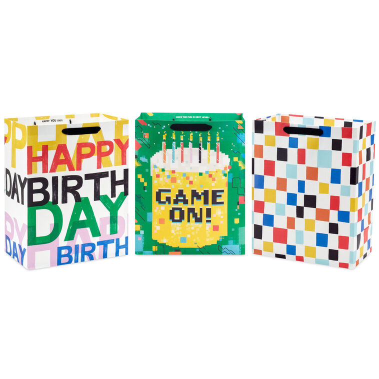hallmark 13" Bold Celebration 3-Pack Assorted Large Birthday Gift Bag Bundle