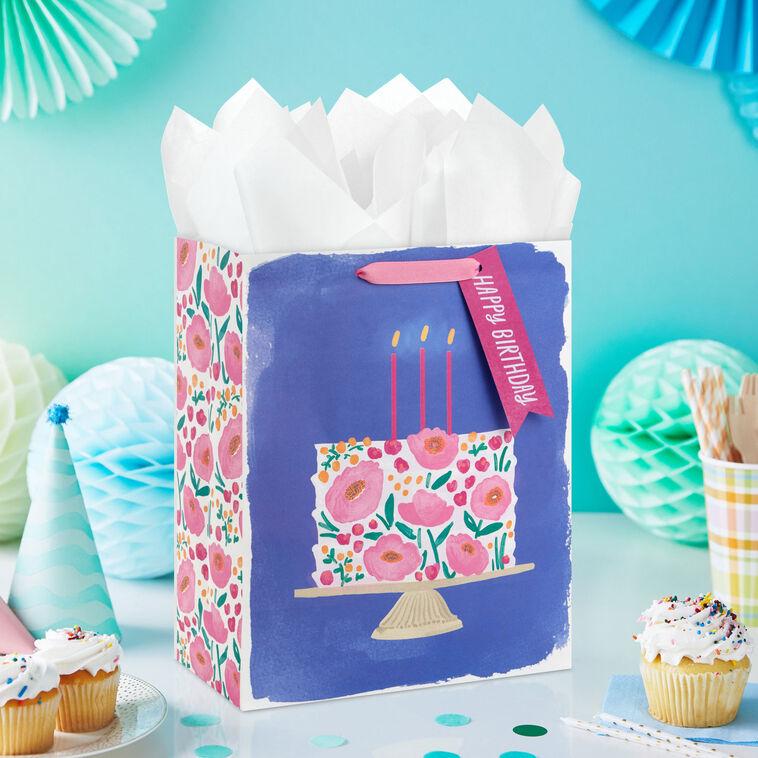Hallmark 13" Floral Cake On Blue Large Birthday Gift Bag