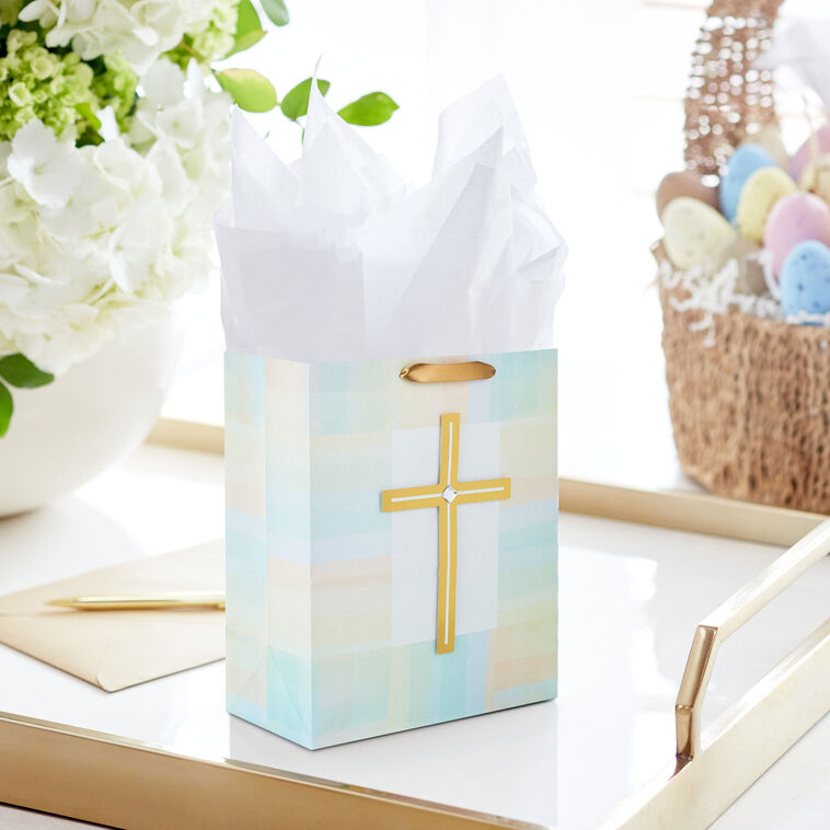 Hallmark 13" Gold Cross With Pastel Border Large Gift Bag