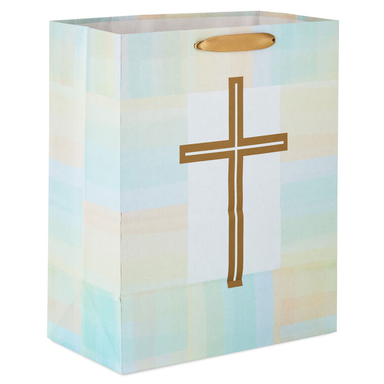 Hallmark 13" Gold Cross With Pastel Border Large Gift Bag