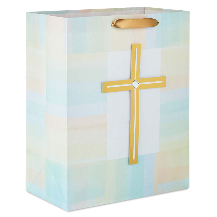 hallmark 13" Gold Cross With Pastel Border Large Gift Bag