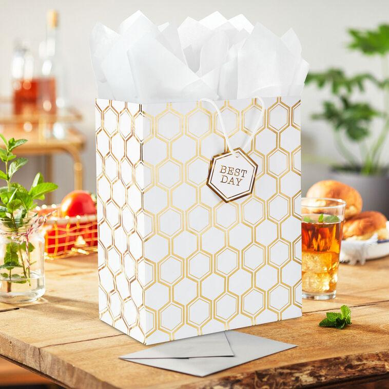 Hallmark 13" Gold Foil Hexagons On White Large Gift Bag