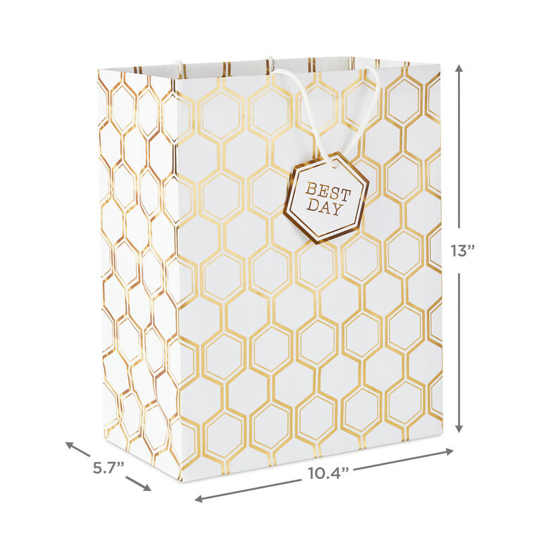 Hallmark 13" Gold Foil Hexagons On White Large Gift Bag