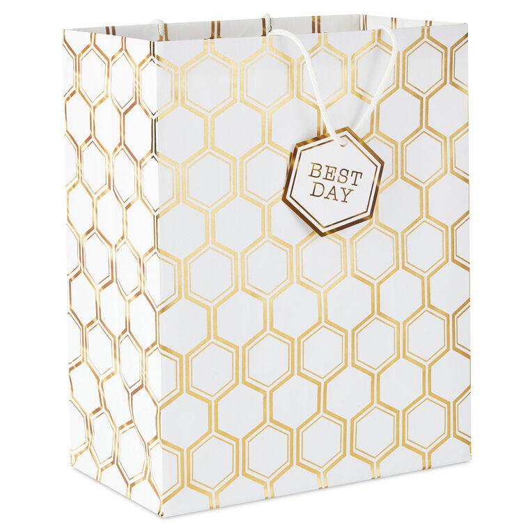 hallmark 13" Gold Foil Hexagons on White Large Gift Bag