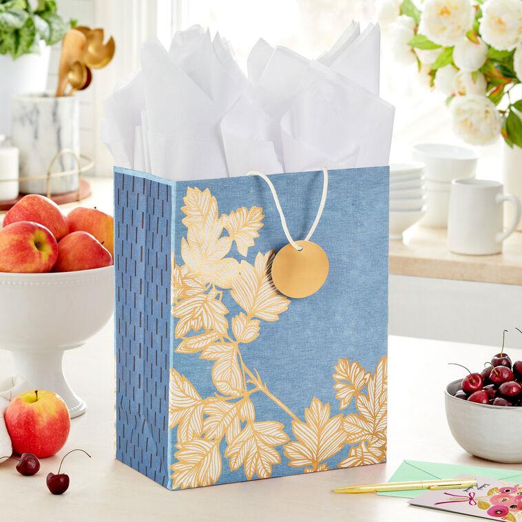 Hallmark 13" Gold Leaves On Chambray Blue Large Gift Bag
