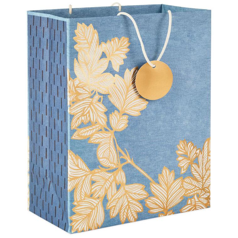 hallmark 13" Gold Leaves on Chambray Blue Large Gift Bag
