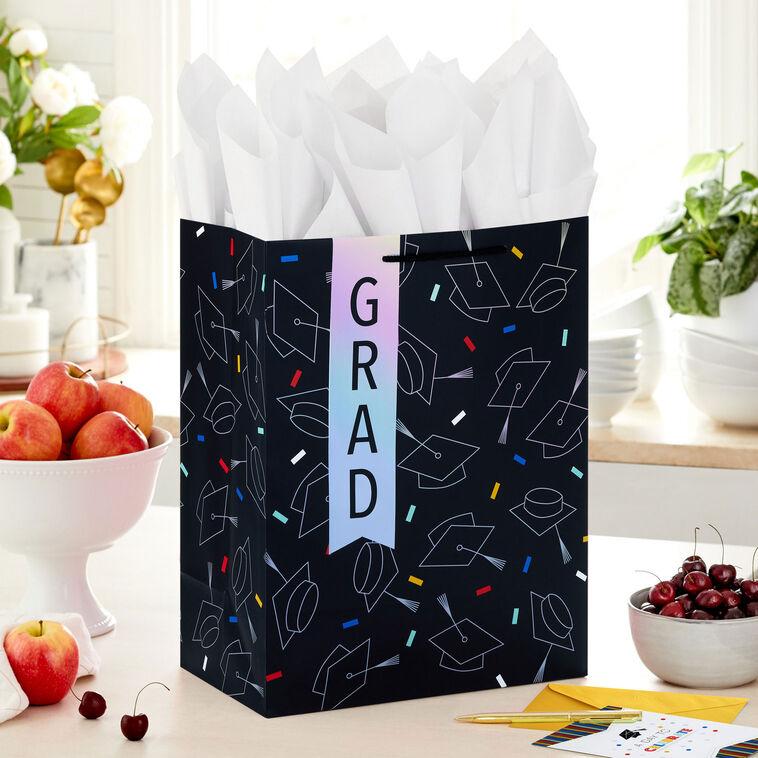 Hallmark 13" Grad Hats On Black Large Gift Bag With Graduation Card And Tissue Paper