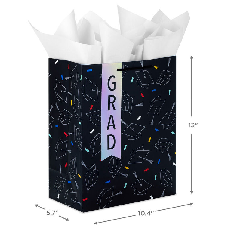 Hallmark 13" Grad Hats On Black Large Gift Bag With Graduation Card And Tissue Paper