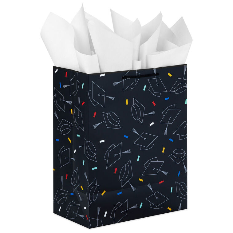 Hallmark 13" Grad Hats On Black Large Gift Bag With Graduation Card And Tissue Paper