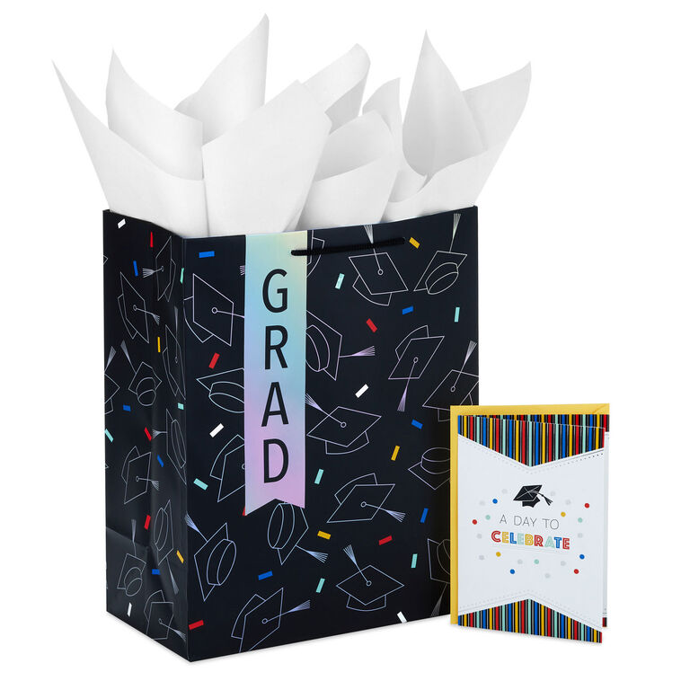hallmark 13" Grad Hats on Black Large Gift Bag With Graduation Card and Tissue Paper