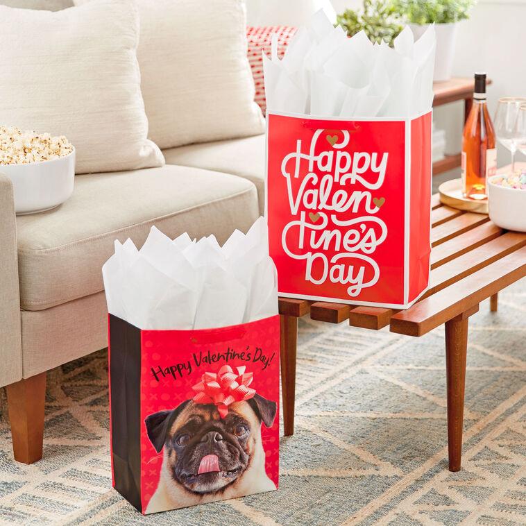 Hallmark 13" Pug And Happy Valentine's Day 2-Pack Large Gift Bags With Tissue Paper