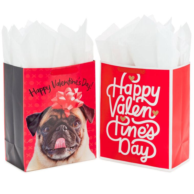 hallmark 13" Pug and Happy Valentine's Day 2-Pack Large Gift Bags With Tissue Paper