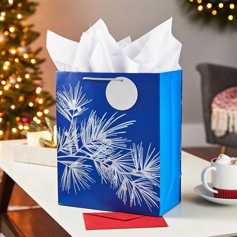 Hallmark 13" Silver Pine On Blue Large Holiday Gift Bag With Tissue Paper