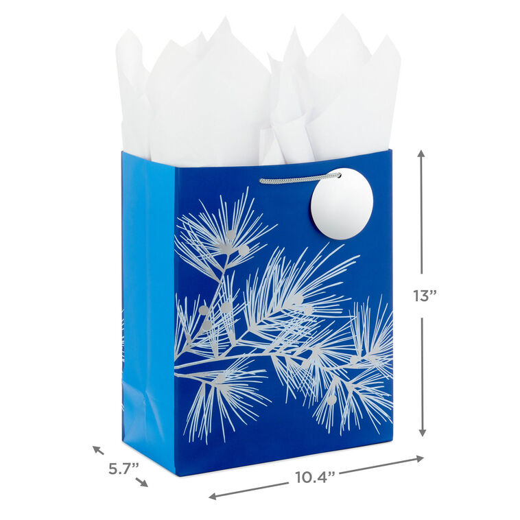 Hallmark 13" Silver Pine On Blue Large Holiday Gift Bag With Tissue Paper
