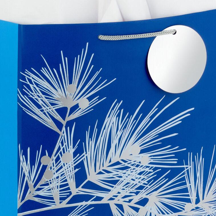 Hallmark 13" Silver Pine On Blue Large Holiday Gift Bag With Tissue Paper