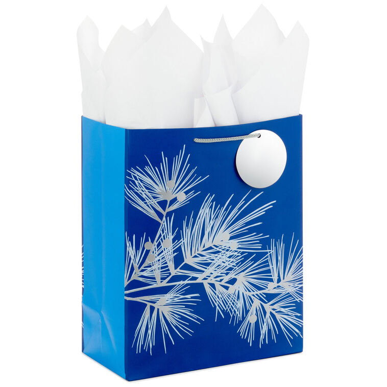 hallmark 13" Silver Pine on Blue Large Holiday Gift Bag With Tissue Paper