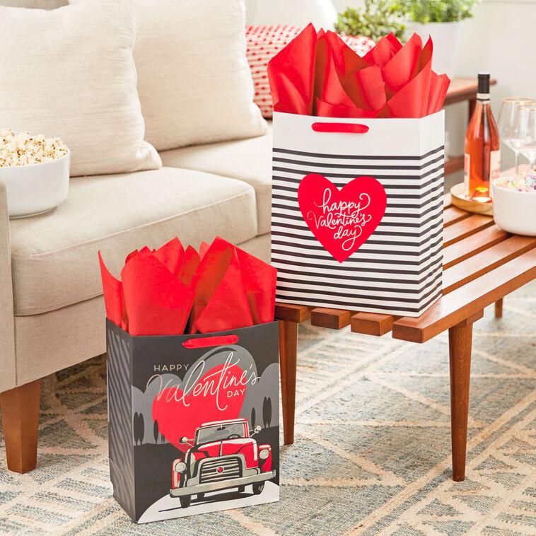 Hallmark 13" Stripes And Red Truck 2-Pack Large Valentine's Day Gift Bags With Tissue Paper