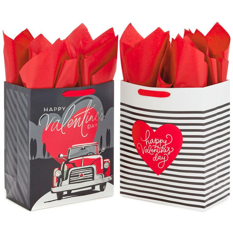 hallmark 13" Stripes and Red Truck 2-Pack Large Valentine's Day Gift Bags With Tissue Paper