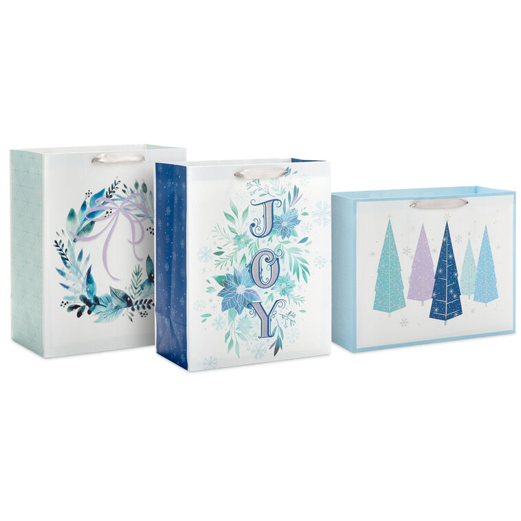 hallmark 13" Winter Watercolors 3-Pack Assorted Large Holiday Gift Bag Bundle