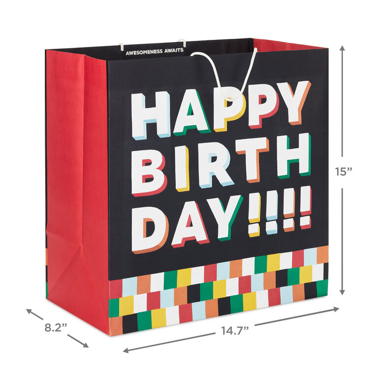 Hallmark 15" Shadow Letters On Black Extra-Deep Birthday Gift Bag