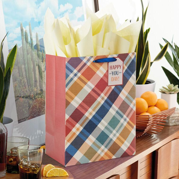 Hallmark 17" Brown And Blue Plaid Extra-Deep Gift Bag With Tissue Paper