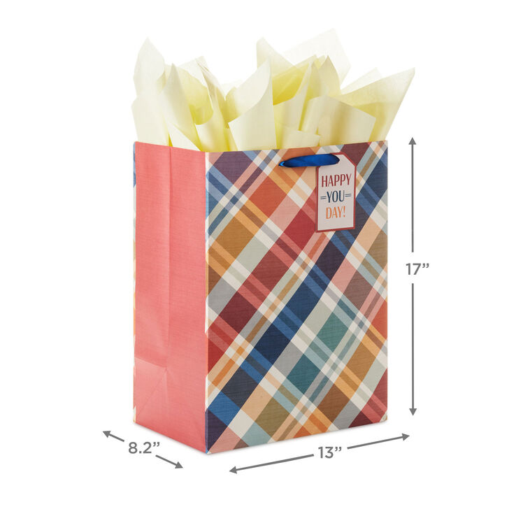 Hallmark 17" Brown And Blue Plaid Extra-Deep Gift Bag With Tissue Paper