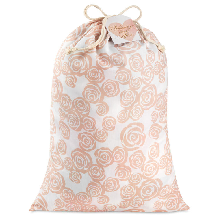hallmark 28" Pink Roses on Ivory Wedding Canvas Gift Sack With Gift Tag
