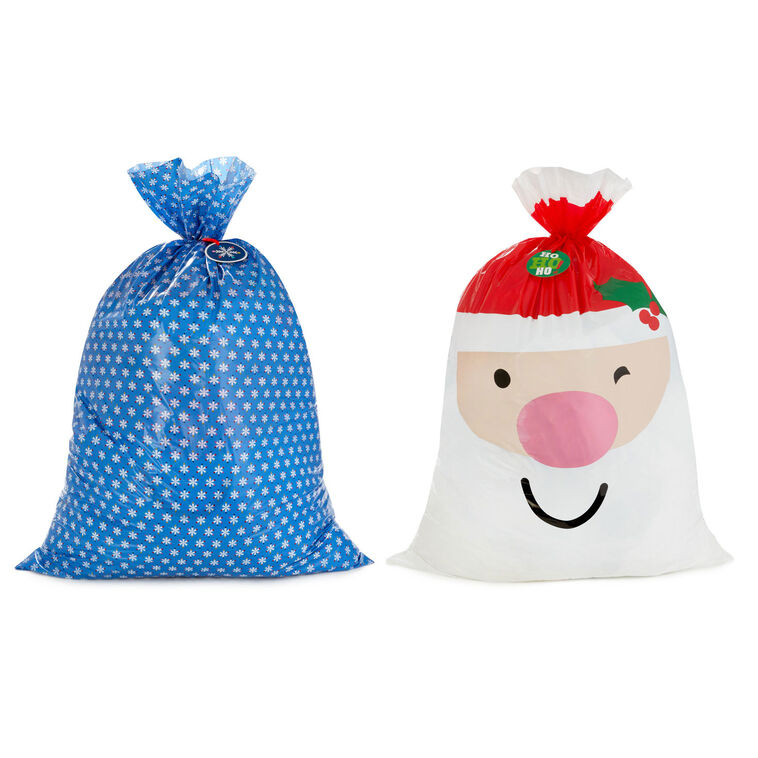 hallmark 56" Snowflakes and Santa Face 2-Pack Giant Plastic Christmas Gift Bags