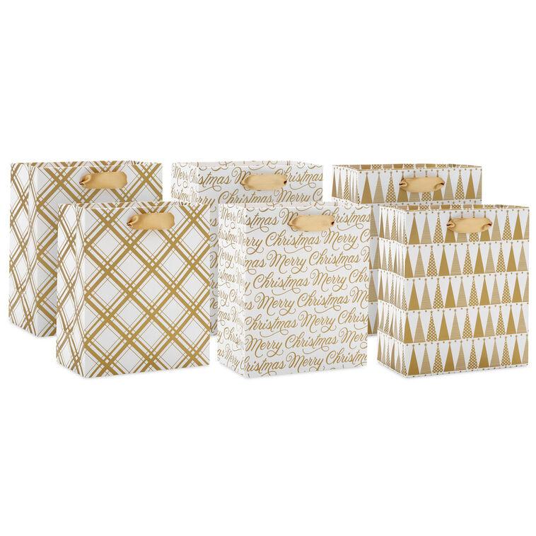hallmark 6.5" Ivory and Gold 6-Pack Assorted Small Christmas Gift Bag Bundle