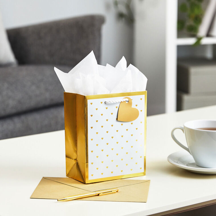 Hallmark 6.5" Mini Gold Hearts On White Metallic Small Gift Bag