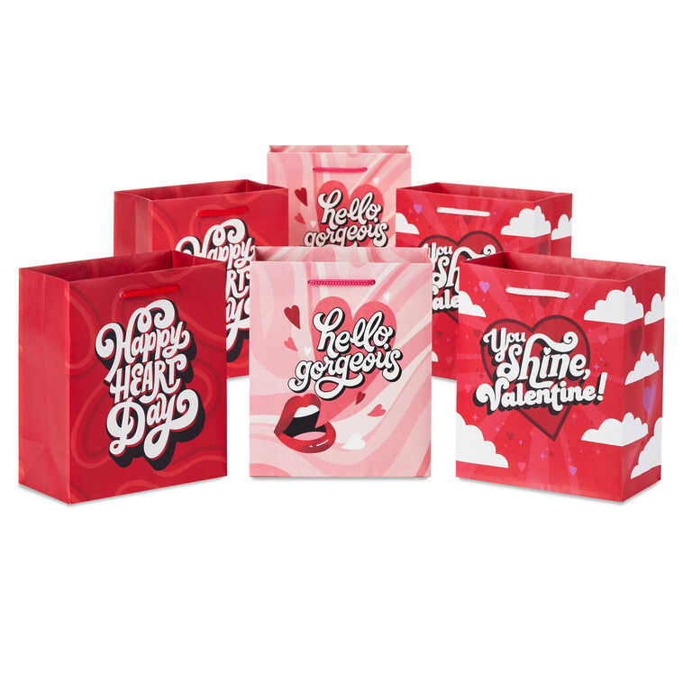 hallmark 6.5" Pink and Red Retro 6-Pack Assorted Small Gift Bags