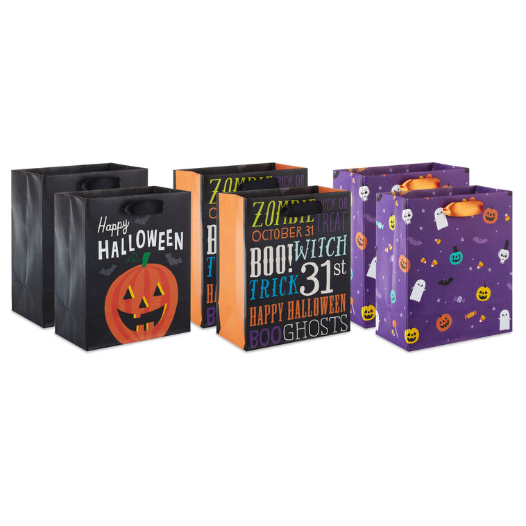 hallmark 6.5" Spooky Time 6-Pack Assorted Small Halloween Gift Bag Bundle