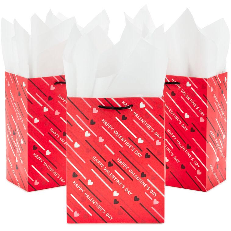 hallmark 8.8" Diagonal Hearts and Stripes 3-Pack Medium Valentine's Day Gift Bags With Tissue Paper