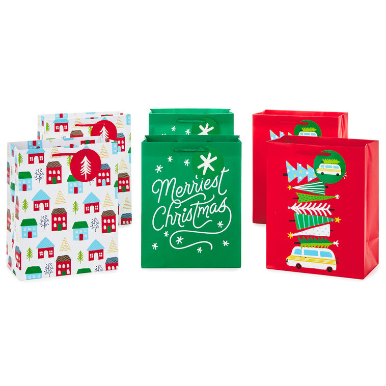 hallmark 9.6" Assorted Bright and Festive 6-Pack Medium Christmas Gift Bags