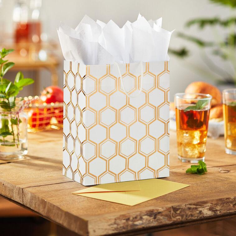 Hallmark 9.6" Gold Foil Hexagons On White Medium Gift Bag