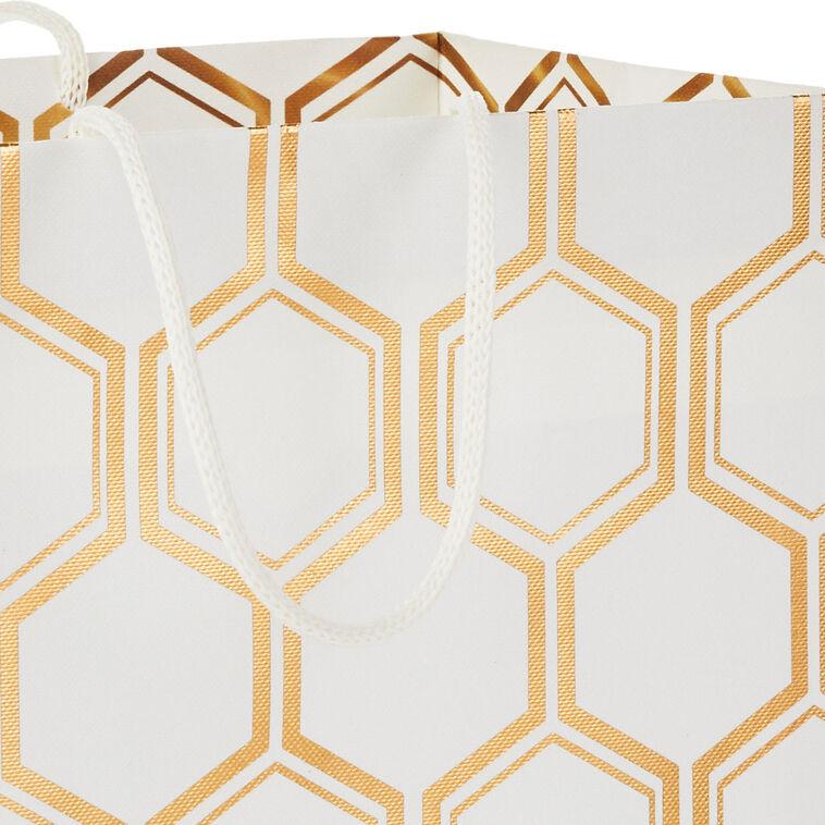 Hallmark 9.6" Gold Foil Hexagons On White Medium Gift Bag