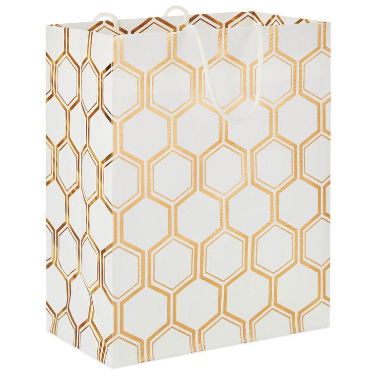 hallmark 9.6" Gold Foil Hexagons on White Medium Gift Bag