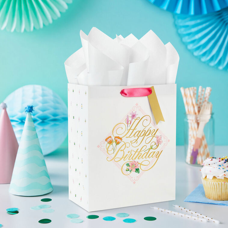 Hallmark 9.6" Gold Script On Floral Medium Birthday Gift Bag
