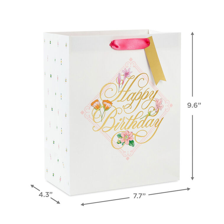 Hallmark 9.6" Gold Script On Floral Medium Birthday Gift Bag
