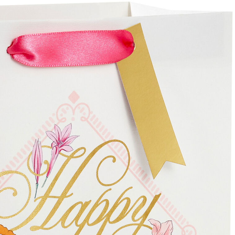 Hallmark 9.6" Gold Script On Floral Medium Birthday Gift Bag