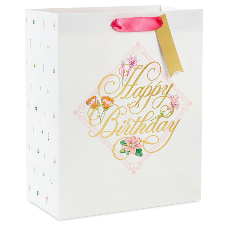 hallmark 9.6" Gold Script on Floral Medium Birthday Gift Bag