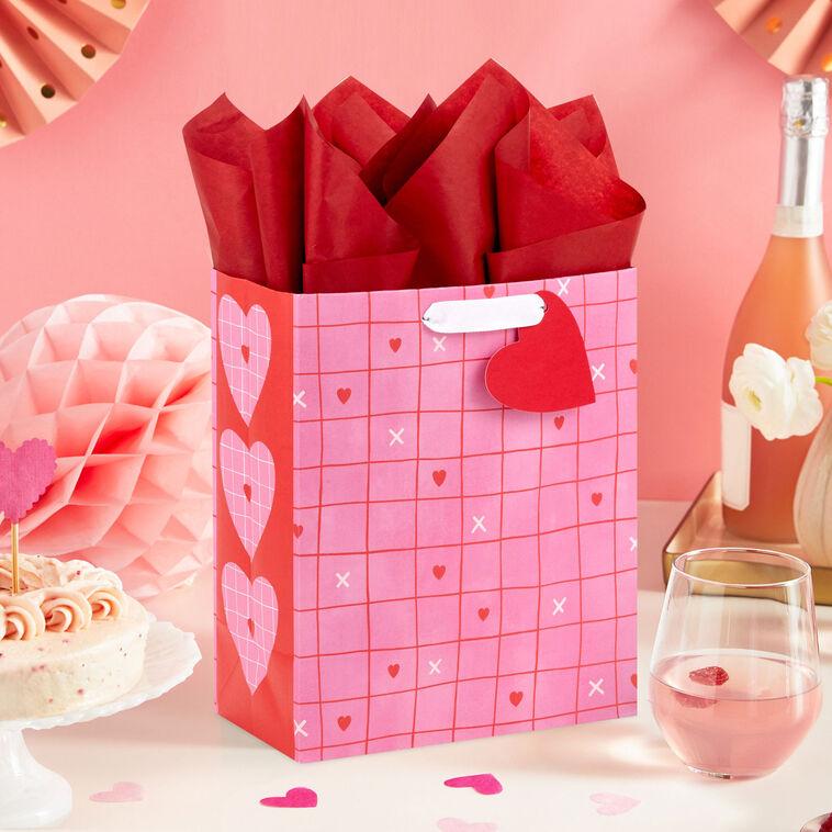 Hallmark 9.6" Red Grid On Pink Medium Valentine's Day Gift Bag With Tissue Paper