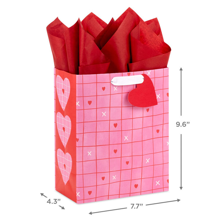 Hallmark 9.6" Red Grid On Pink Medium Valentine's Day Gift Bag With Tissue Paper